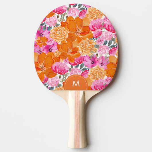 ブライトピンクオレンジ鮮やかフローラカスタムモノグラム 卓球ラケット (正面)