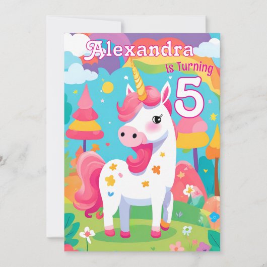 ブライトピンクキュートユニコーン誕生日招待状 招待状 (正面)