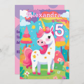 ブライトピンクキュートユニコーン誕生日招待状 招待状 (正面/裏面)