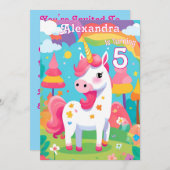 ブライトピンクキュートユニコーン誕生日招待状 招待状 (正面/裏面)