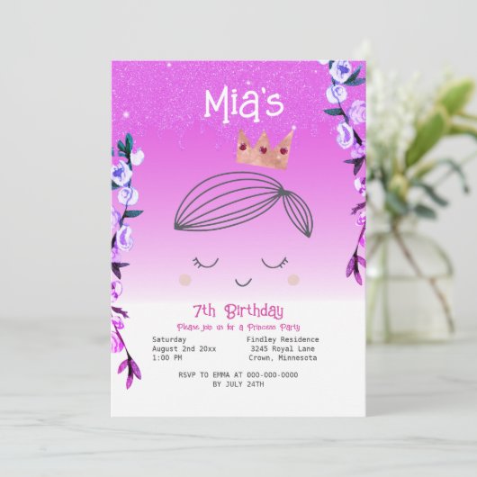 ブライトピンクグリッタープリンセスガールズ誕生日 招待状 (スタンド正面)