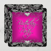 ブライトピンクシルバーブラック誕生日パーティー 招待状 (正面/裏面)