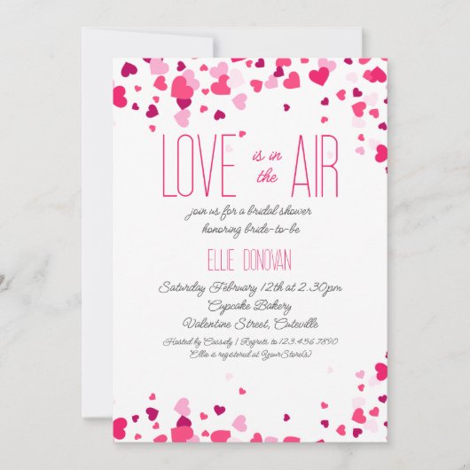 ブライトピンクハートスウィートバレンタインブライダルシャワー 招待状 (正面)