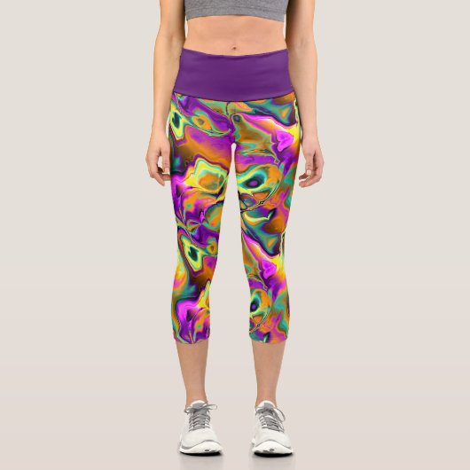 ブライトピンクパープルティール（緑がかった色）ターコイズマーブルフラクタル カプリレギンス (正面)