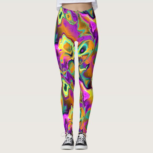 ブライトピンクパープルティール（緑がかった色）ターコイズマーブルフラクタル レギンス (正面)