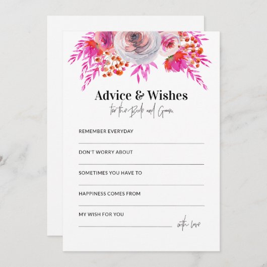 ブライトピンクフローラウェディングシャワーアドバイスカード ノートカード (正面/裏面)