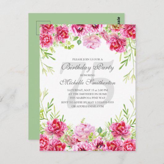 ブライトピンクフローラ女子75歳の誕生日パーティー ポストカード (正面/裏面)