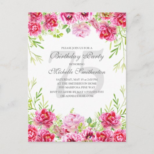 ブライトピンクフローラ女子75歳の誕生日パーティー ポストカード (正面)