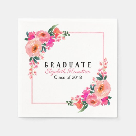 ブライトピンク植物学フローラ卒業パーティー スタンダードカクテルナプキン (正面)