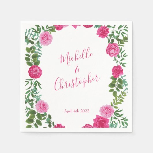 ブライトピンク結婚フローラ スタンダードカクテルナプキン (正面)