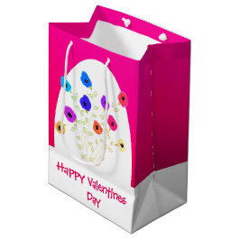 ブライトピンク花ハッピーバレンタイン中バッグ ミディアムペーパーバッグ