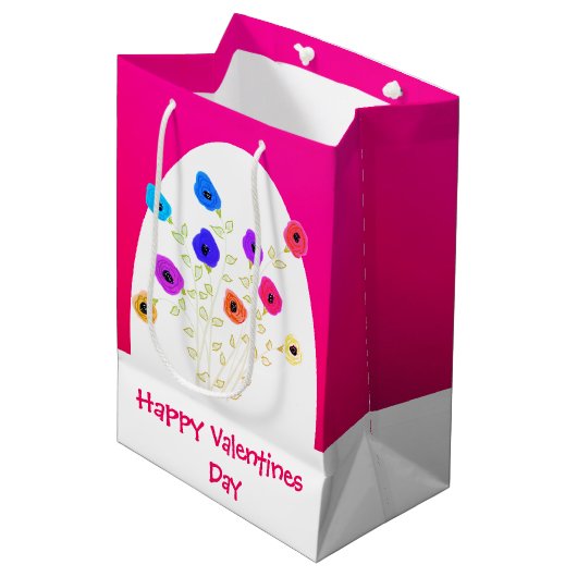 ブライトピンク花ハッピーバレンタイン中バッグ ミディアムペーパーバッグ (正面アングル)