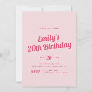 ブライトピンク モダンレトロAny Age Birthday Party 招待状