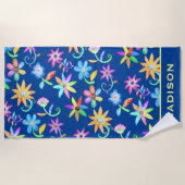 ブライトフはっきりしたラワーアートブルーパーソナライズされた ビーチタオル (正面)