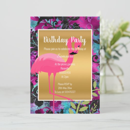 ブライトフラミンゴハワイアンフローラ金ゴールド 招待状 (スタンド正面)