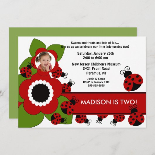 ブライトフラワー&ラディバグフォト誕生日招待状 招待状 (正面/裏面)