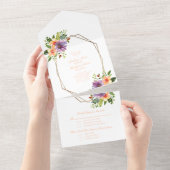 ブライトフローラウォーターカラーパープルピーチ結婚ズ オールインワン招待状 (貼ってはがせる)