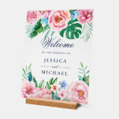 ブライトフローラトロピカル結婚の歓迎 アクリルサイン (傾斜)