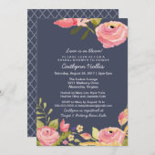 ブライトフローラピンク&ネイビーベビー、ブライダルまたは誕生日 招待状 (正面/裏面)