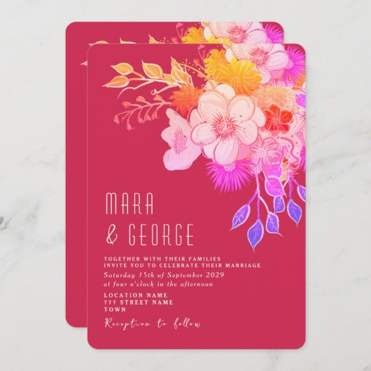 ブライトフローラマゼンタ結婚式招待状 招待状 (正面/裏面)