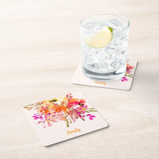 ブライトフローラロマンチック名前をカスタムする スクエアペーパーコースター (インサイチュ)