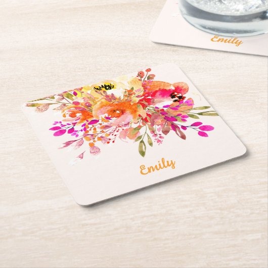 ブライトフローラロマンチック名前をカスタムする スクエアペーパーコースター (アングル)