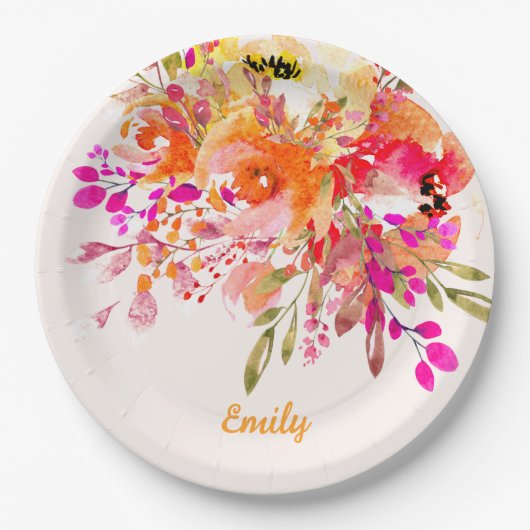 ブライトフローラロマンチック名前をカスタムする ペーパープレート (正面)