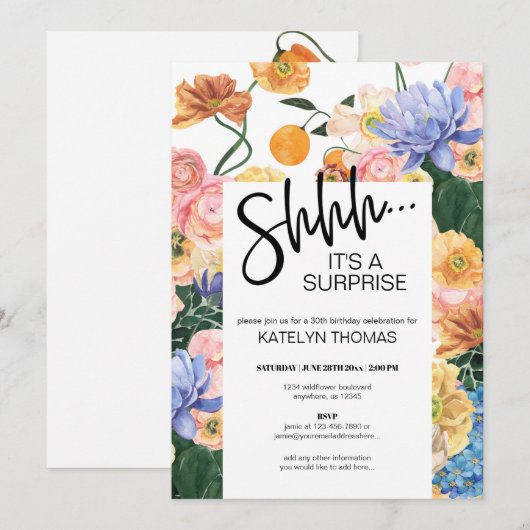 ブライトフローラワイルドフラワーサプライズ誕生日 招待状 (正面/裏面)