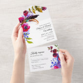 ブライトブルゴーニュフローラモノグラムエレガントな結婚式 オールインワン招待状 (貼ってはがせる)