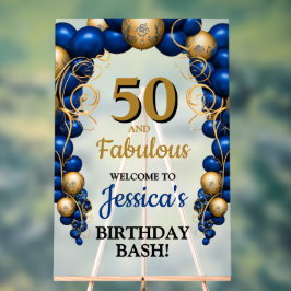 ブライトブルーとフラット金ゴールド誕生日パーティー アクリルサイン