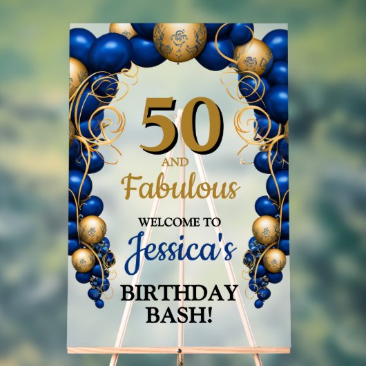 ブライトブルーとフラット金ゴールド誕生日パーティー アクリルサイン (ニュートラル)