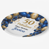 ブライトブルーとフラット金ゴールド誕生日パーティー ペーパープレート (アングル)