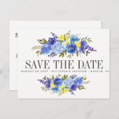 ブライトブルーイエローフラワーウェディング日付を保存 案内ポストカード (正面/裏面)