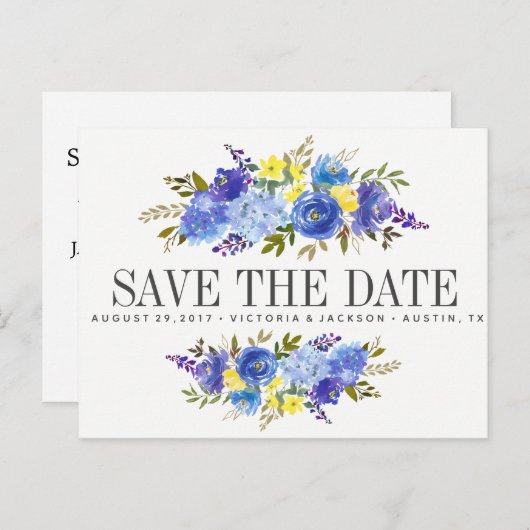 ブライトブルーイエローフラワーウェディング日付を保存 案内ポストカード (正面/裏面)