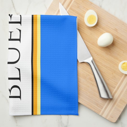 ブライトブルーオレンジホワイトストライプ文字「ブルーベリー」 キッチンタオル (四つ折り)