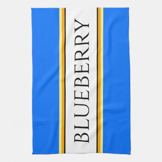 ブライトブルーオレンジホワイトストライプ文字「ブルーベリー」 キッチンタオル (縦)