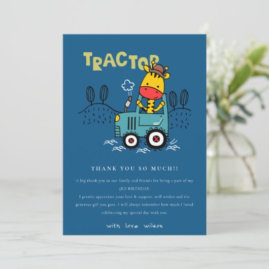 ブライトブルーキレーインファームトラクターボーイズ誕生日 サンキューカード (スタンド正面)