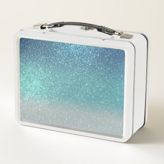 ブライトブルーティール（緑がかった色）スパークリーグリッターモノグラムグラデーション メタルランチボックス (裏面)
