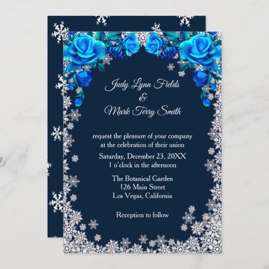 ブライトブルーバラスノーフレーククリスマス 招待状 (正面/裏面)
