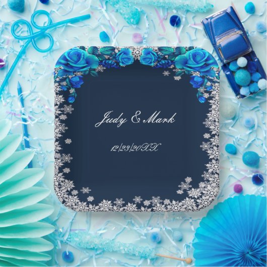 ブライトブルーバラスノーフレーク結婚クリスマス ペーパープレート (パーティー)