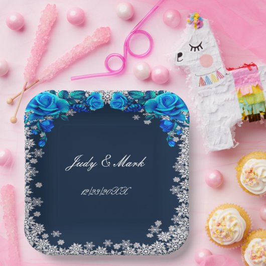 ブライトブルーバラスノーフレーク結婚クリスマス ペーパープレート (パーティー)