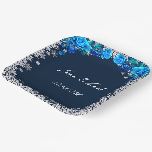 ブライトブルーバラスノーフレーク結婚クリスマス ペーパープレート (傾斜あり)