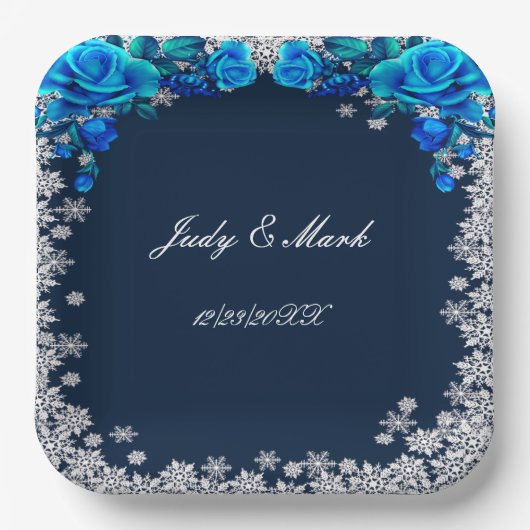 ブライトブルーバラスノーフレーク結婚クリスマス ペーパープレート (正面)