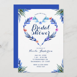 ブライトブルーフローラハート植物水彩 招待状