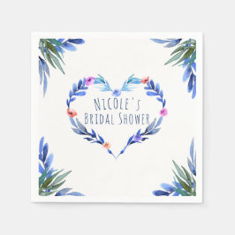 ブライトブルーフローラ水彩ハートグラムエレガント スタンダードカクテルナプキン