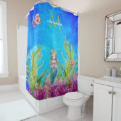 ブライトブルーモノグラム名マーメイド シャワーカーテン (インサイチュ)