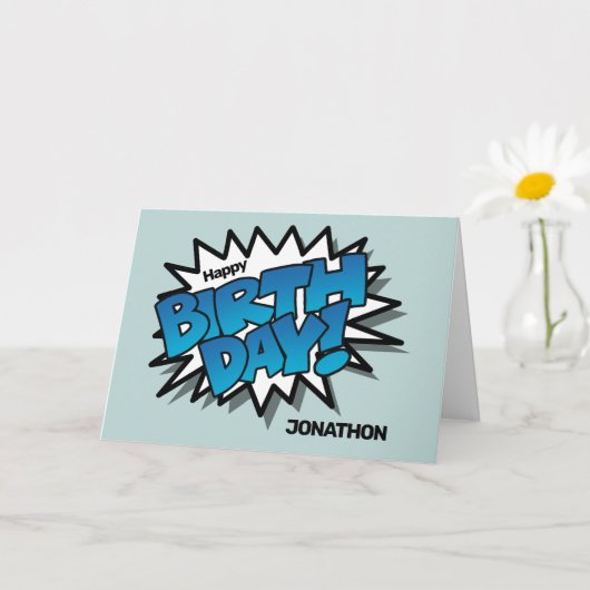 ブライトブルー漫画文字-ハッピーバースデー カード (小さな植物)