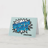 ブライトブルー漫画文字-ハッピーバースデー カード (正面)