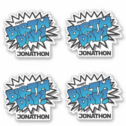 ブライトブルー漫画文字-ハッピーバースデー シール (正面)