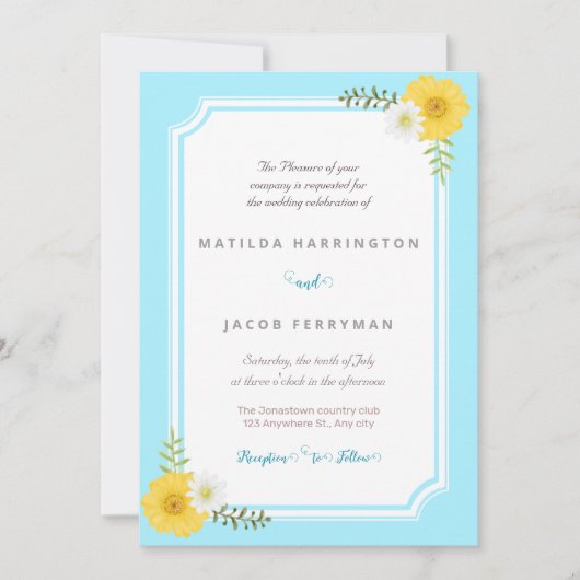 ブライトブルー&イエローパステルフローラ招待状 招待状 (正面)